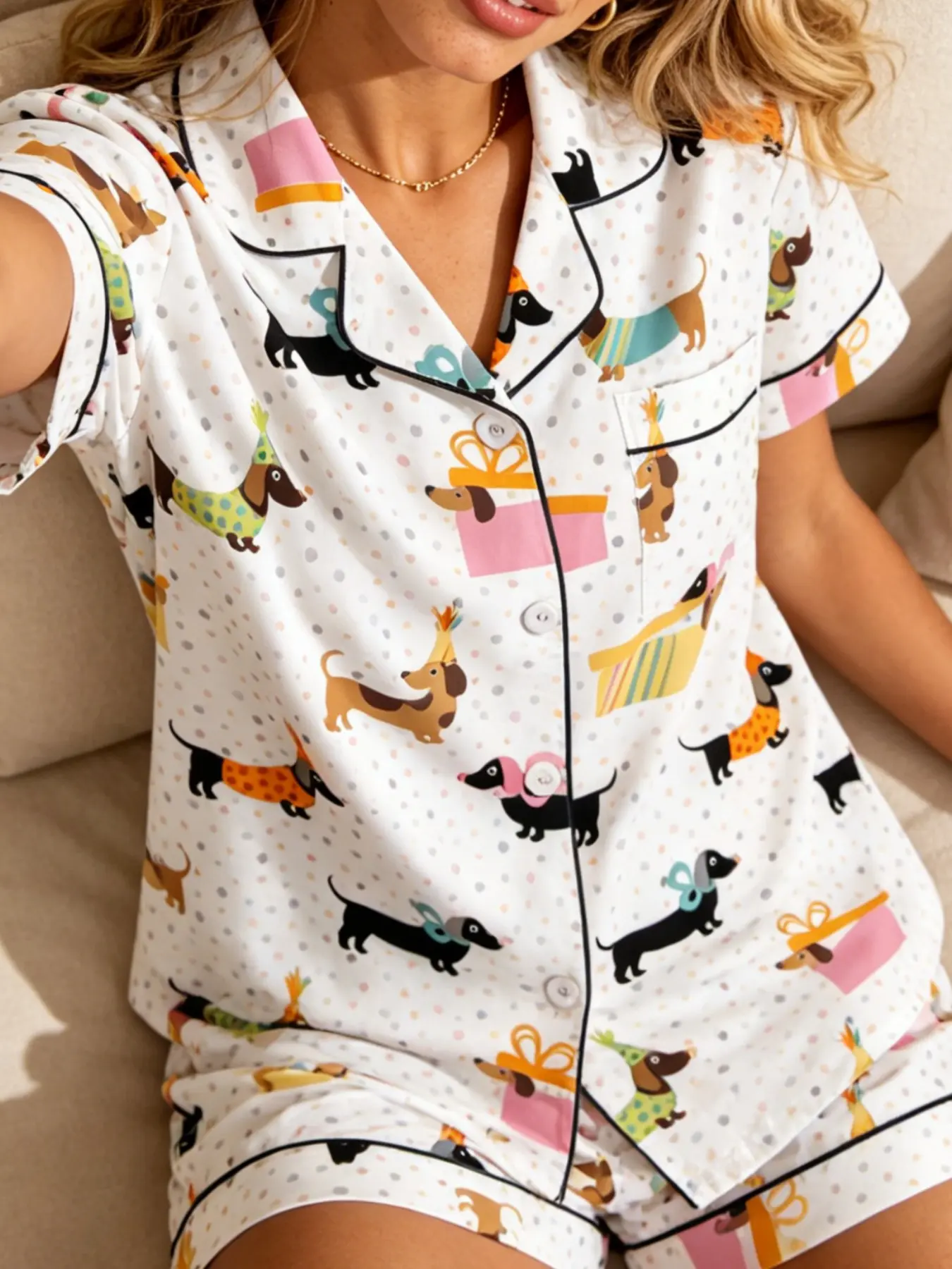 Women's Pajamas Set Trendy Cute Dachshund Birthday Party Polka Dots Print Summer Button Down Short Sleeve Shorts Soft Comfy Loose Fit 2 Piece Casual Sleepwear Loungewear for Women Pjs Pyjamas Loungewear Sets