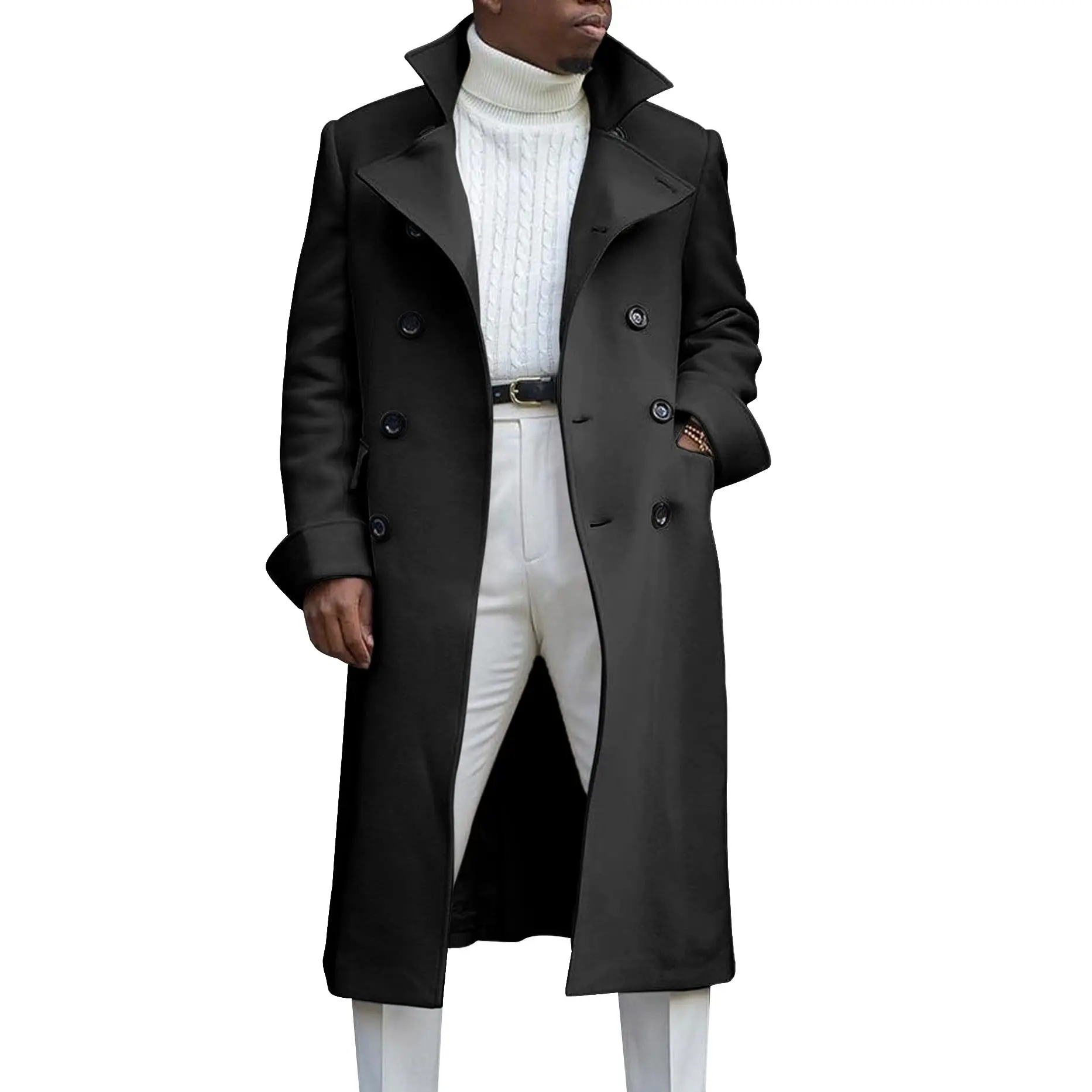 PASLTER Menswear Long Sleeve Stretched Lengthened Notch Lapel Double Breasted Cotton Blend Trench Coat, Casual Windbreaker Overgarment