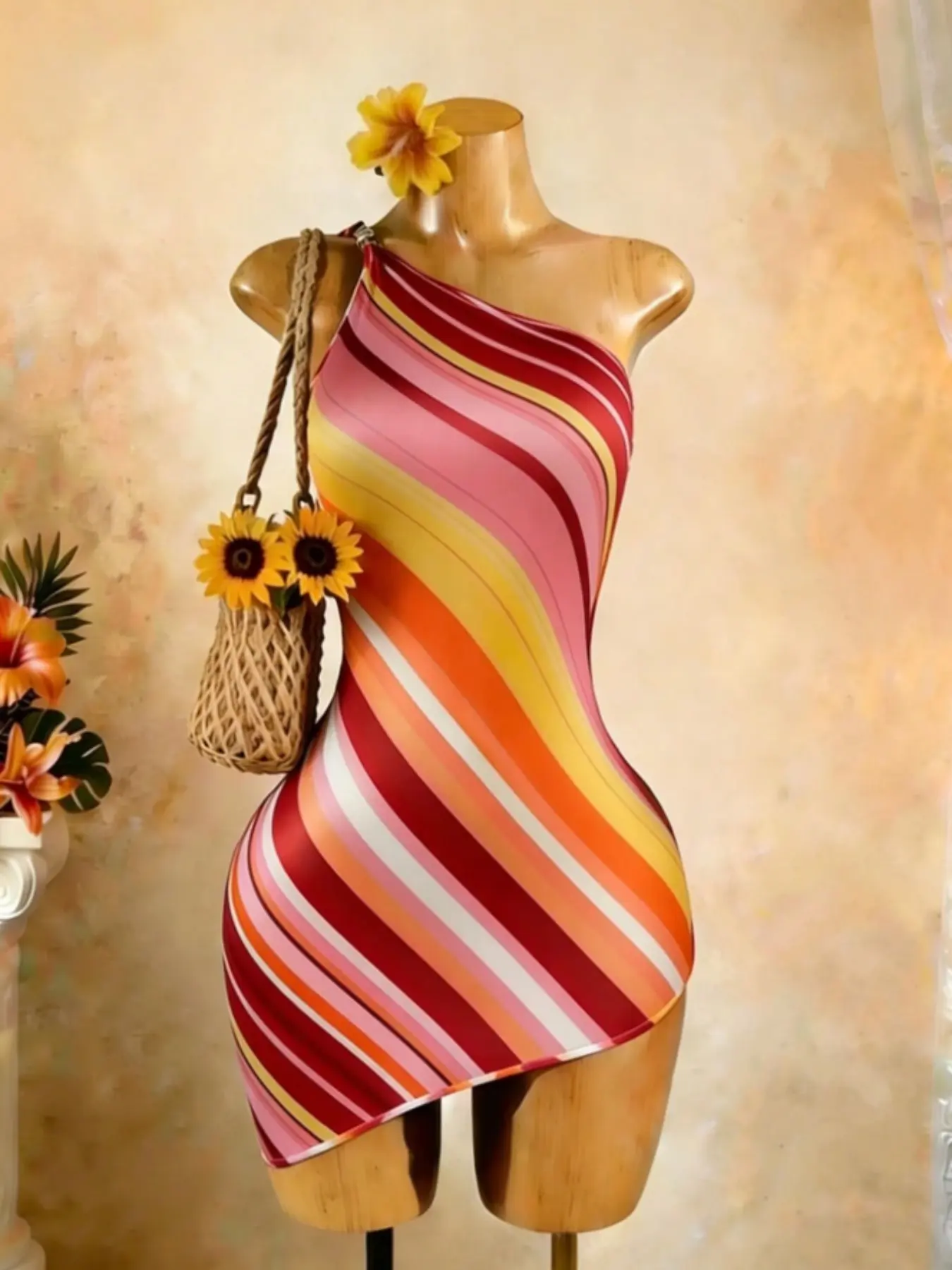Women's Rainbow Striped Irregular Shoulder Cut Out Bodycon Dress, Boho Summer Dresses, Summer Beach Vacation Style, Casual Fashion for Women, Womenswear, Casual Summer Clothing