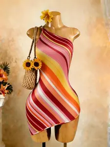 Women's Rainbow Striped Irregular Shoulder Cut Out Fitted Bodycon Dress, Summer Vacation Style Beachwear, Casual Wear, Trendy Fashion for Women