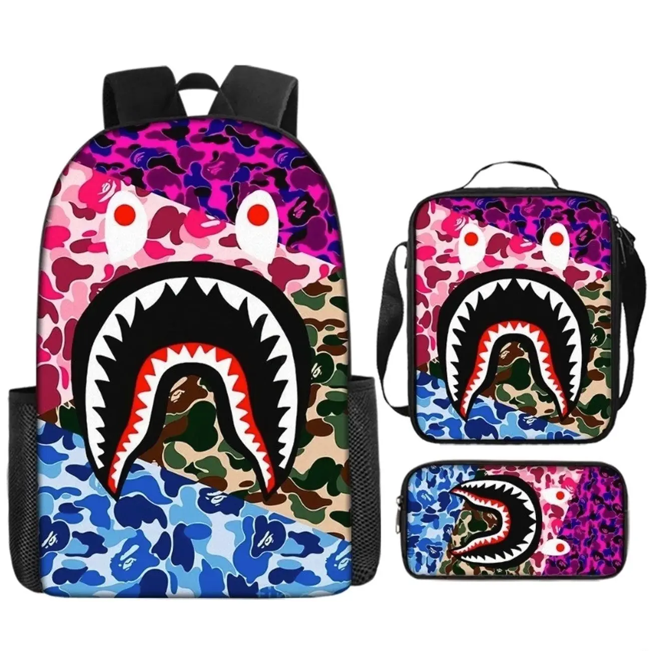 Camo Shark Print Backpack, Large Capacity School Bag for Teens, Lightweight Water Resistant Daily Bag, 1/2/3 Pieces