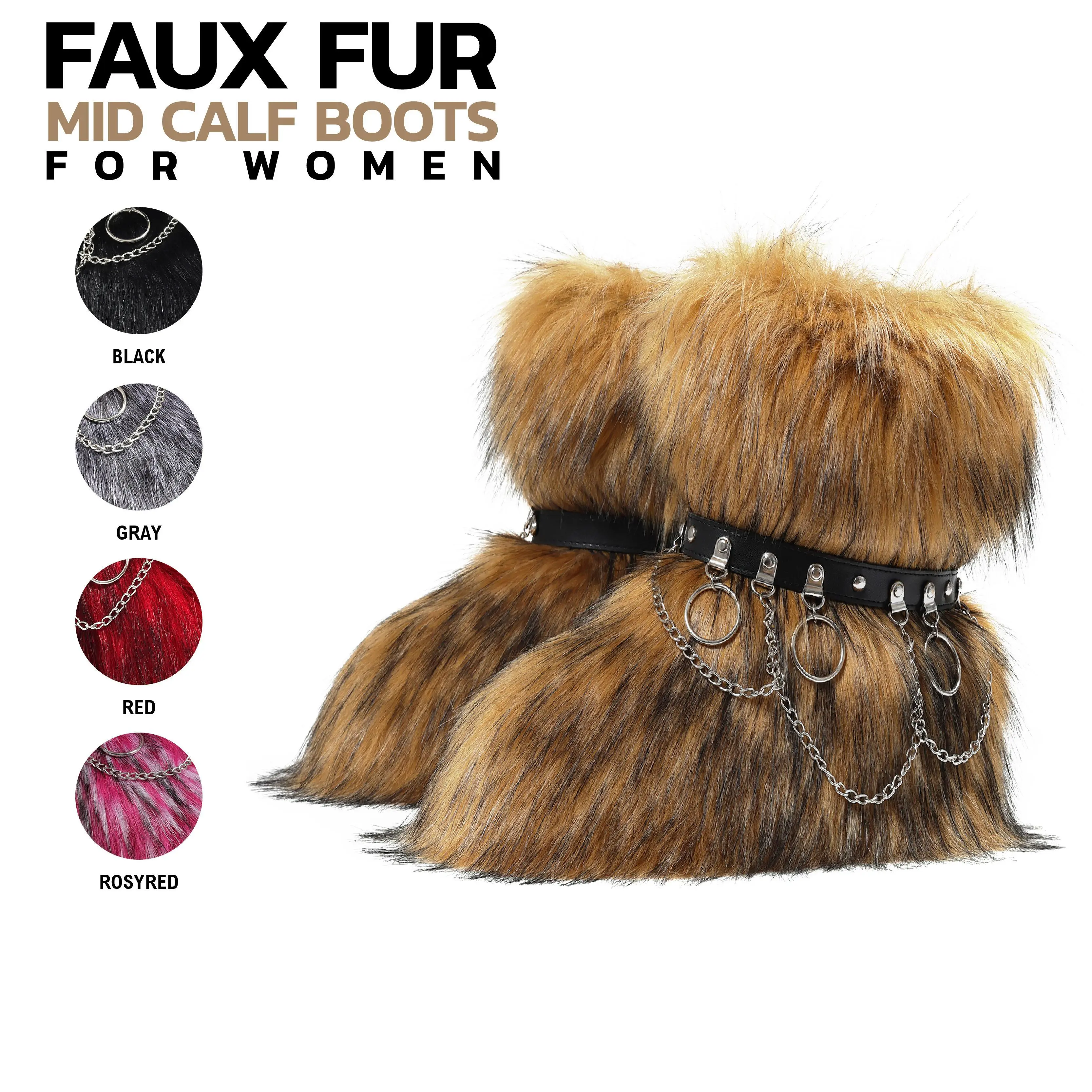 Womens Faux Fur Mid Calf Boots Round Toe Flat Heel Pull On Belt Chains Comfortable Fluffy Furry Warm Snow Boots Fashion Party Dress chilly day booty Trendy Boots