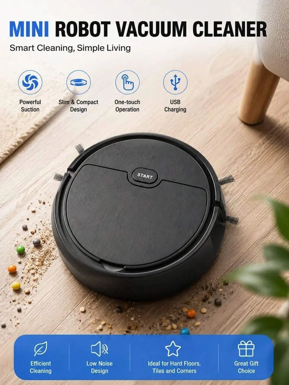 Robot Vacuum Cleaner, USB Rechargeable Automatic Sweeper and Mop, Slim Self-Cleaning Floor Sweeper for Pet Hair, Hard Floors, and Daily Dusting