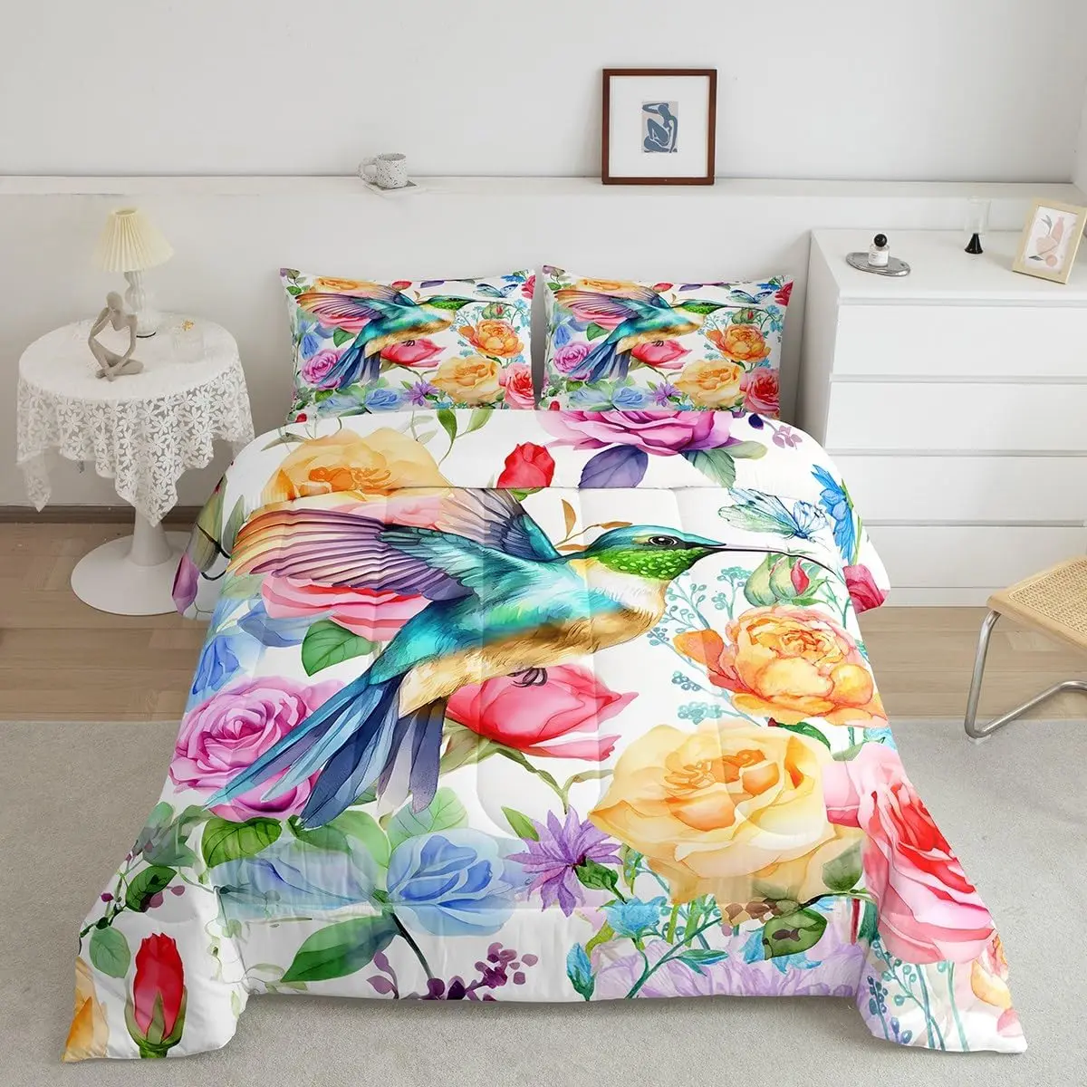 Luxury Hummingbird Animal Print Multi-Size Bedspread Set - Cozy Floral Motifs Bedding, Rose Butterfly Quilt, Decorative Bedsheet, Contemporary Machine Washable Bedroom Decor Accessory