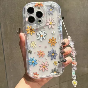 Transparent Shell With Chrysanthemum Pattern+Flower Fanging Chain Phone Case For Xiaomi 14T Redmi A3X A5 15 15C A4 A3 Redmi Note 9 Pro 9S Pro 6 5 Lite Back Cover
