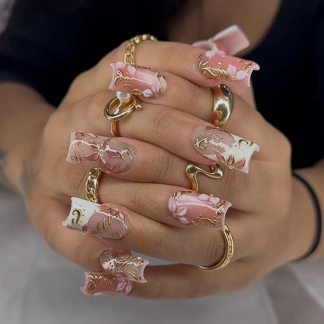 Emily Nails | Blush Bloom Luxury Press On Nails  Pink White 3D Flower Long Square Fake Nails Reusable
