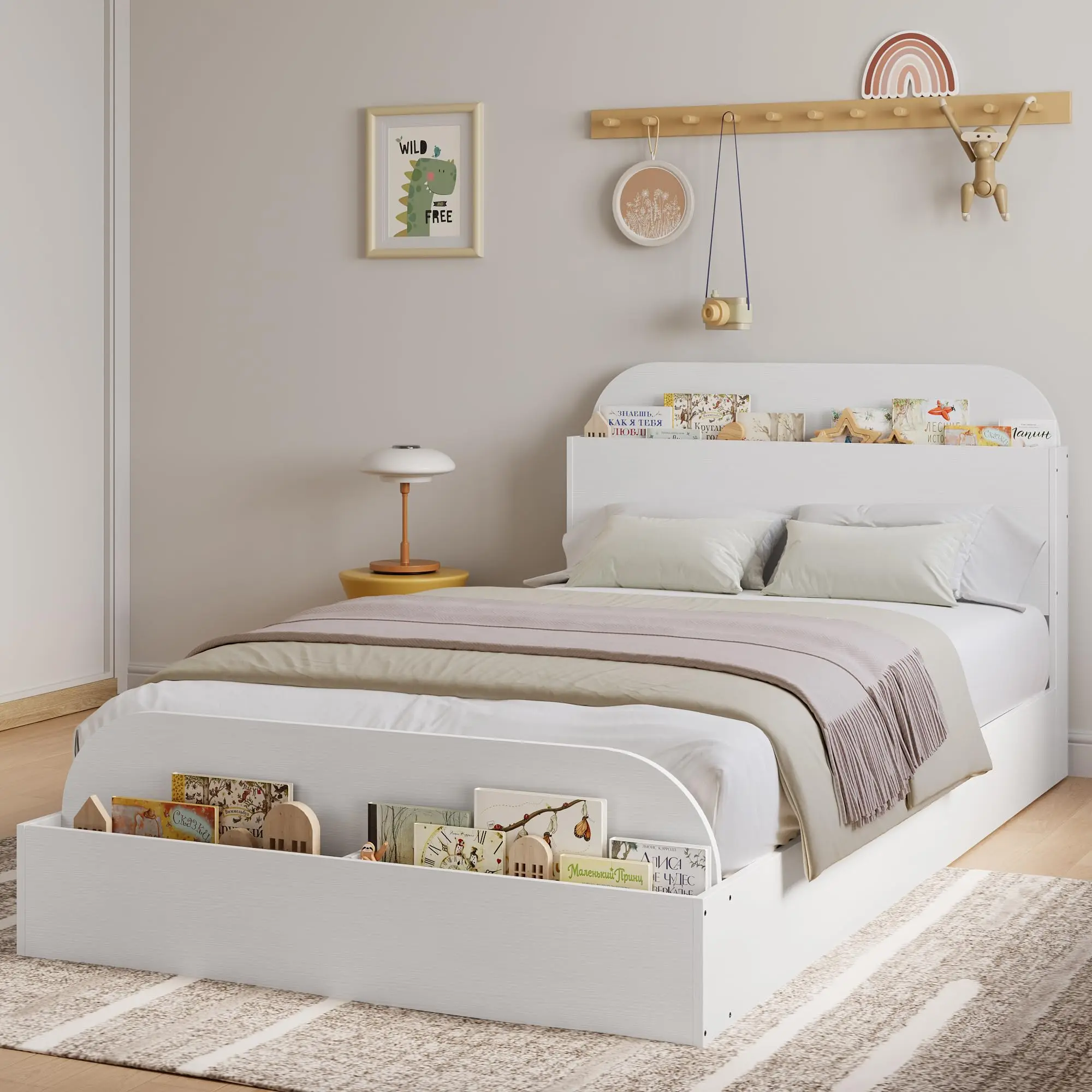 Garvee Single Size Wooden Bed Frame with Storage Headboard and Raised Feeding Table, Low Platform Bed with Slat Support for Bedroom