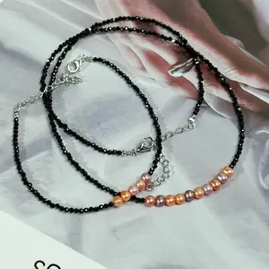 PEARLISM Freshwater pearl bracelet necklace.Handmade jewelry set.Black crystal pearl jewelry.-(4-5mm)-JFDS004