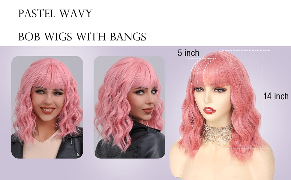 Pastel Pink Wavy Bob Wig for Women, Short Shoulder Length Synthetic Wig with Bangs, Natural Looking Lightweight Hairpiece for Gift & Cosplay Costume Party
