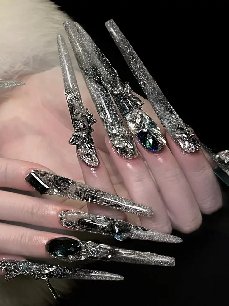 Handmade Extra Press-On Nails 3D Silver Liquid Chrome & Heavy Rhinestone Fake Nails Reusable Luxury Dark Gothic Cyberpunk Nail Box
