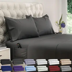 King Size Sheets Set - 4 pcs Super Soft & Lightweight Cooling Sheets – up to 21” Deep Pocket Hotel Luxury Sheets & Pillowcases – 100% Fine Microfiber with Side Pocket Gray