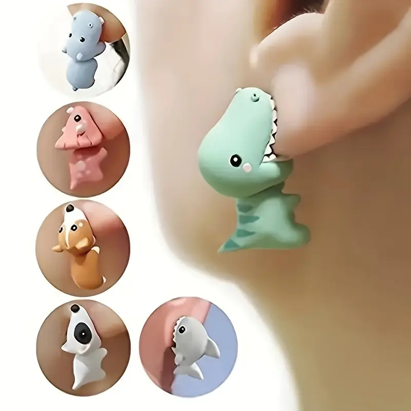 14-Piece Cute Animal Clay Bite Earrings Set - Dinosaur, Puppy, Whale Designs - Fashion Costume Jewelry Gifts & Accessories