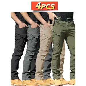 4PCS Men's Slim-Fit Tactical Cargo Pants - Durable Ripstop Work Pants with Multi-Pockets, All-Season Wear-Resistant Design for Hiking, Camping, Outdoor & Daily Use Machine Washable Polyester Casual Pants Menswear Black+Gray+Khaki+Green(Ix7Pants)