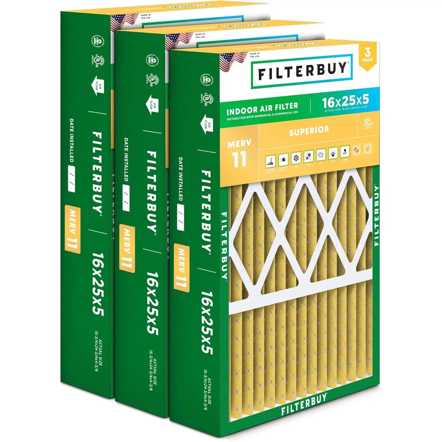 Filterbuy 16x25x5 Polypropylene Pleated Rectangular Synthetic Replacement Air Filter (3-Pack), MERV 11 Allergen Defense for Honeywell, Lennox X6670 Compatible, Carrier, Bryant HVAC AC Furnace Systems