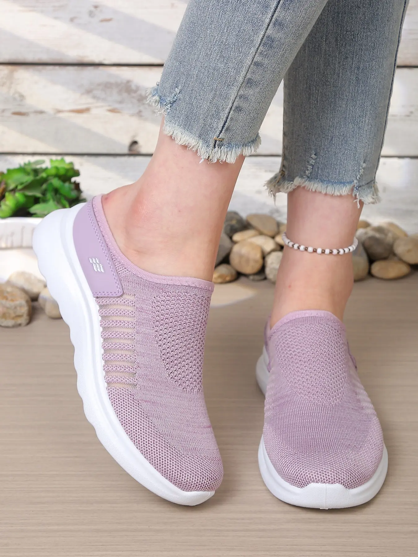 Women's Spring Summer Knitted Half Slip-On Sneakers, Breathable Mesh One-Step Lazy Shoes, Soft Sole Lightweight Casual Walking Shoes, Casual Fashion Shoes, Breathable Slip Ons, Casual Wear Shoes, Slip On Footwear
