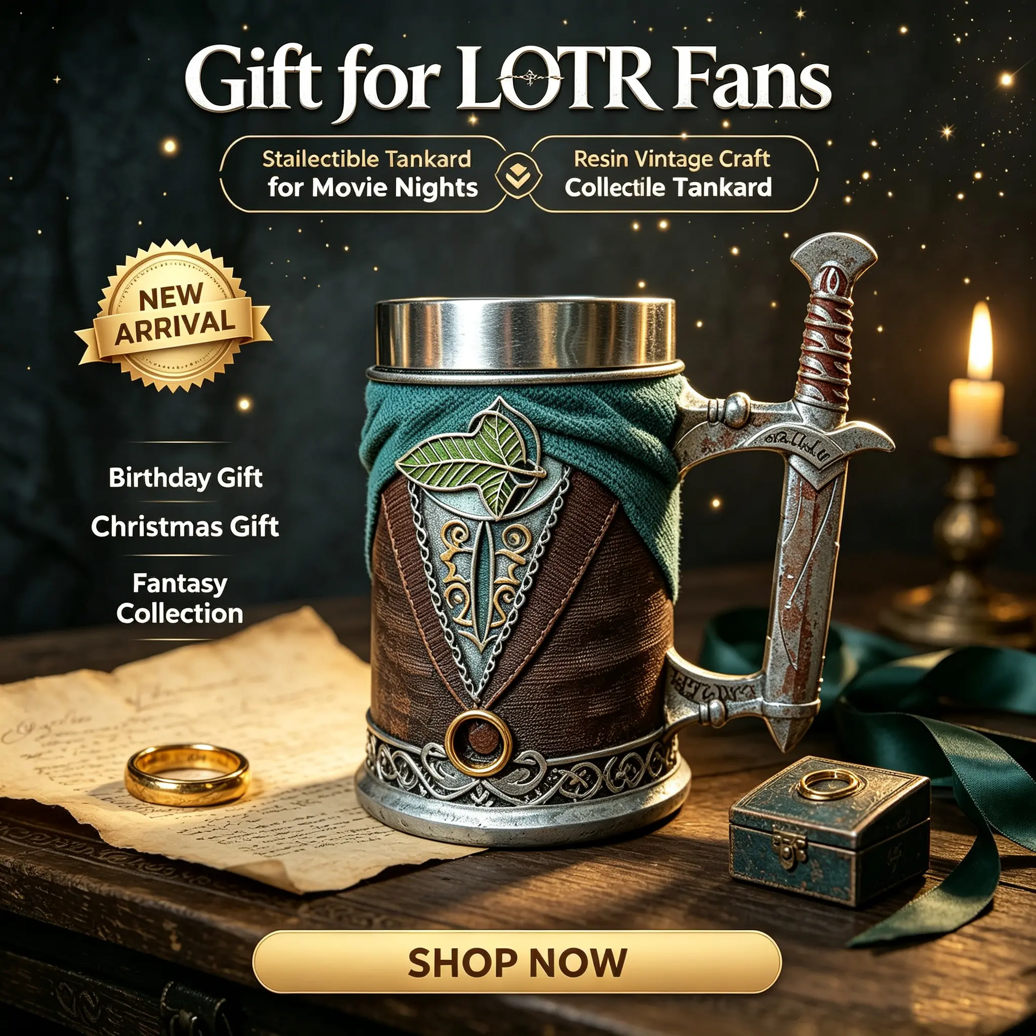 Medieval Vintage Lord Of The Rings Beer Tankard, Large Capacity Stainless Steel Cup, Unique Sting Sword Handle Hobbit Collectible Mug, Perfect Gift for LOTR Fantasy Movie Fans