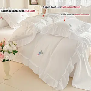 3pcs Korean Ruffle Embroidered Flower Decorative Bedding Set, Includes 1 duvet cover and 2 Pillowcases, Zipper Design, Soft Fabric, All Seasons, Soft Bedding Sets