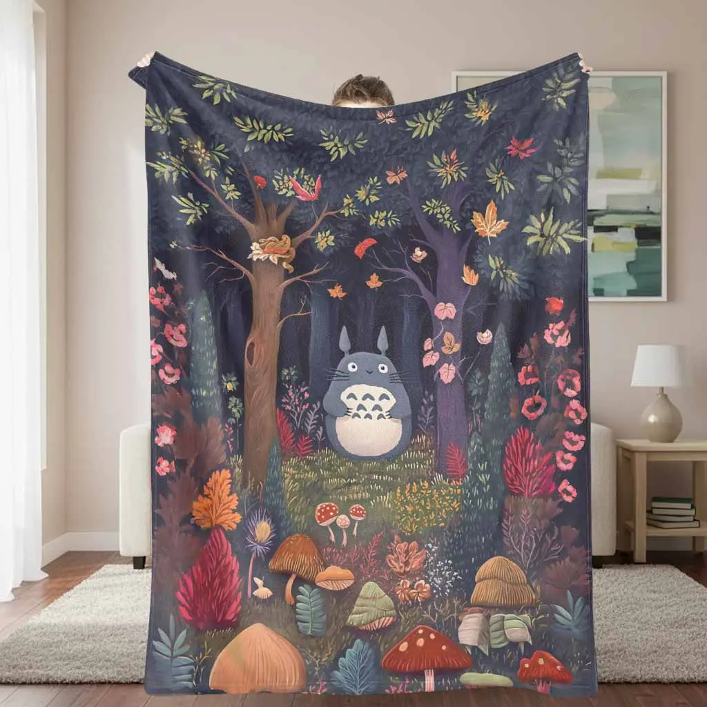 Totoro Flannel Throw Blanket - Wrinkle Resistant, Anti-Pilling Anime Theme Blanket with Enchanted Forest Cartoon Print, Super Soft Breathable Indoor/Outdoor Home Textile, Bedroom Decor, Ideal Gift for Animation Lovers
