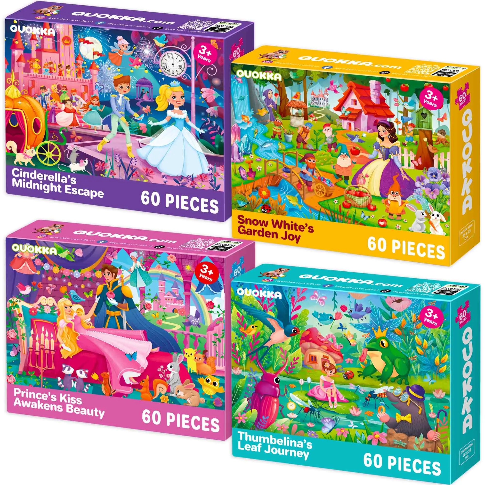 QUOKKA 4-Pack 60-Piece Developmental Interlocking Jigsaw Puzzles for Kids - Fairy Tales Themed Set with Unique Cuts, Includes Puzzle Box, Interlocking Puzzle