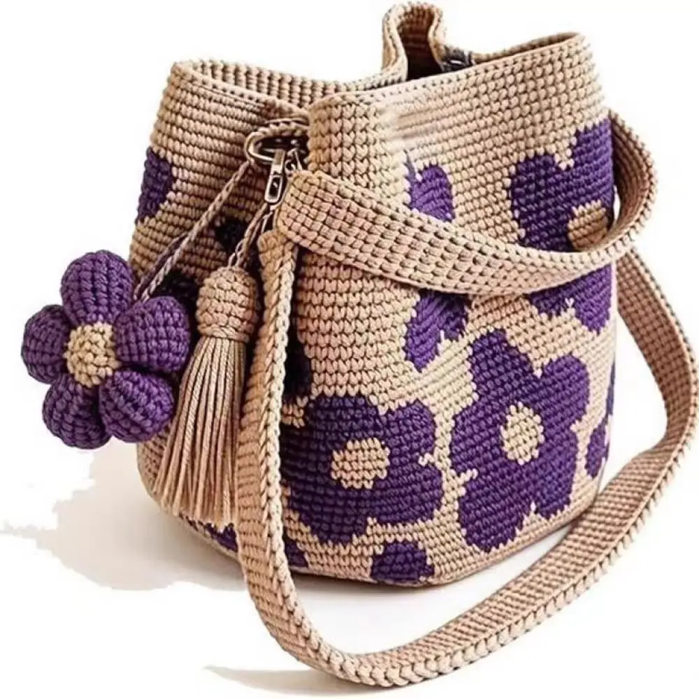 Handmade Craft Cotton Yarn Large-Capacity Crocheted Crossbody Beach Bag - Adjustable Strap, Casual Chic Floral Multi-Function Carryall for Beach Trip, Daily Carry, Holiday Gifting, Lightweight Home Organizer