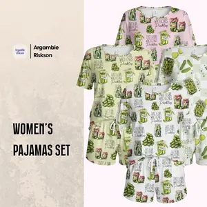 Vintage Canned Pickles Pajama Set – Round Neck Short Sleeve Loungewear, Soft & Playful Sleepwear Gift for Her