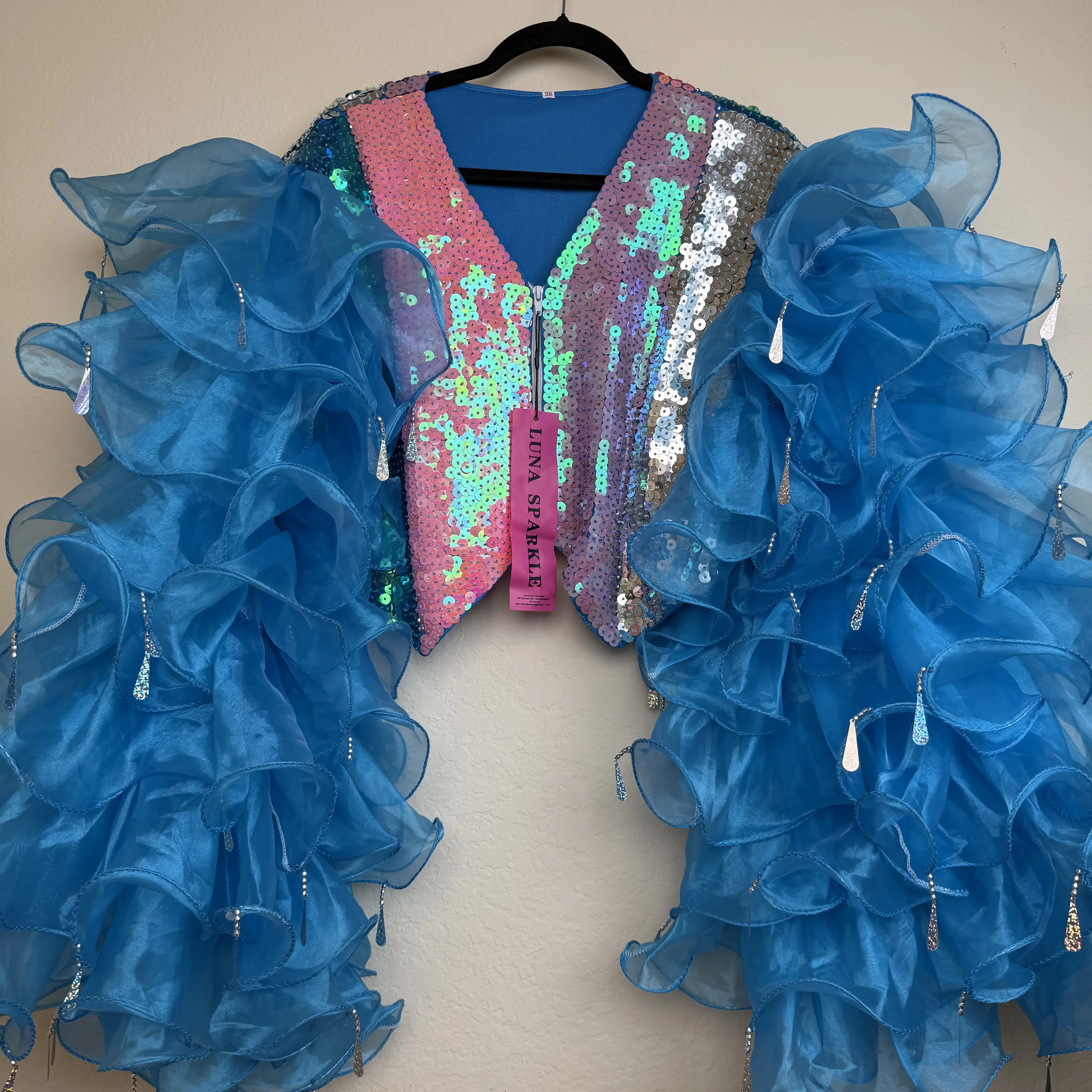 #183Luna Sparkle bule Shirts Vneck with Ruffled Sleeves and Sequin Detailing for Festive Wear
