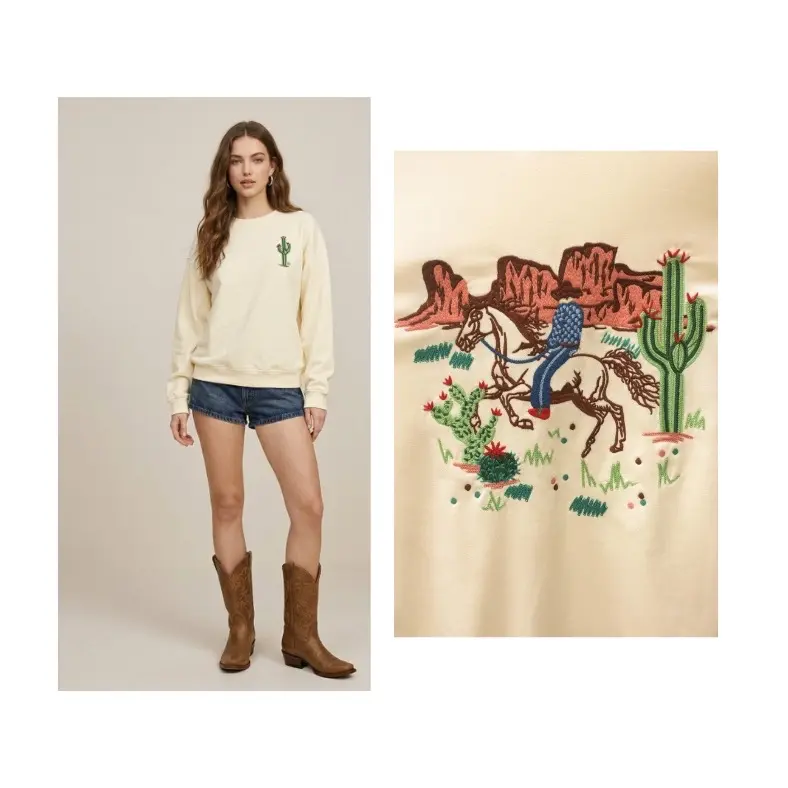 Western Cactus Embroidery Terry Sweater with Horse Rider Design and Cactus Motif
