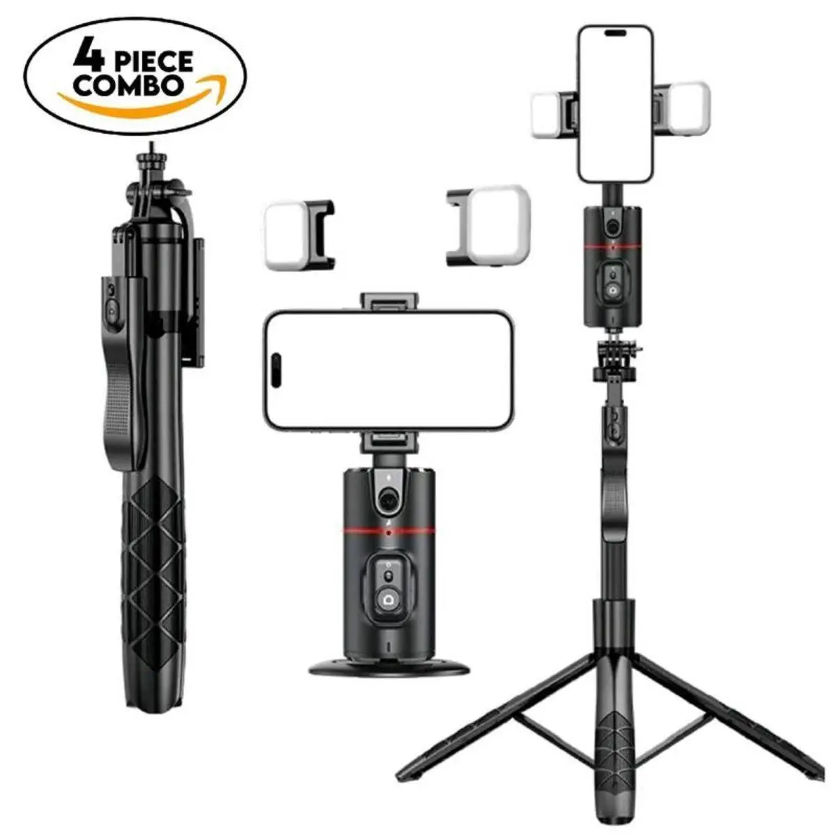 360° Rotatable Smartphone Gimbal Combo Kit with Auto Face Tracking, Extendable Selfie Stick Tripod, Remote Control, 2 LED Lights, Mobile/Cellphone Holder, Content Creator Accessories for Vlogging & Travel, Travel Gadgets
