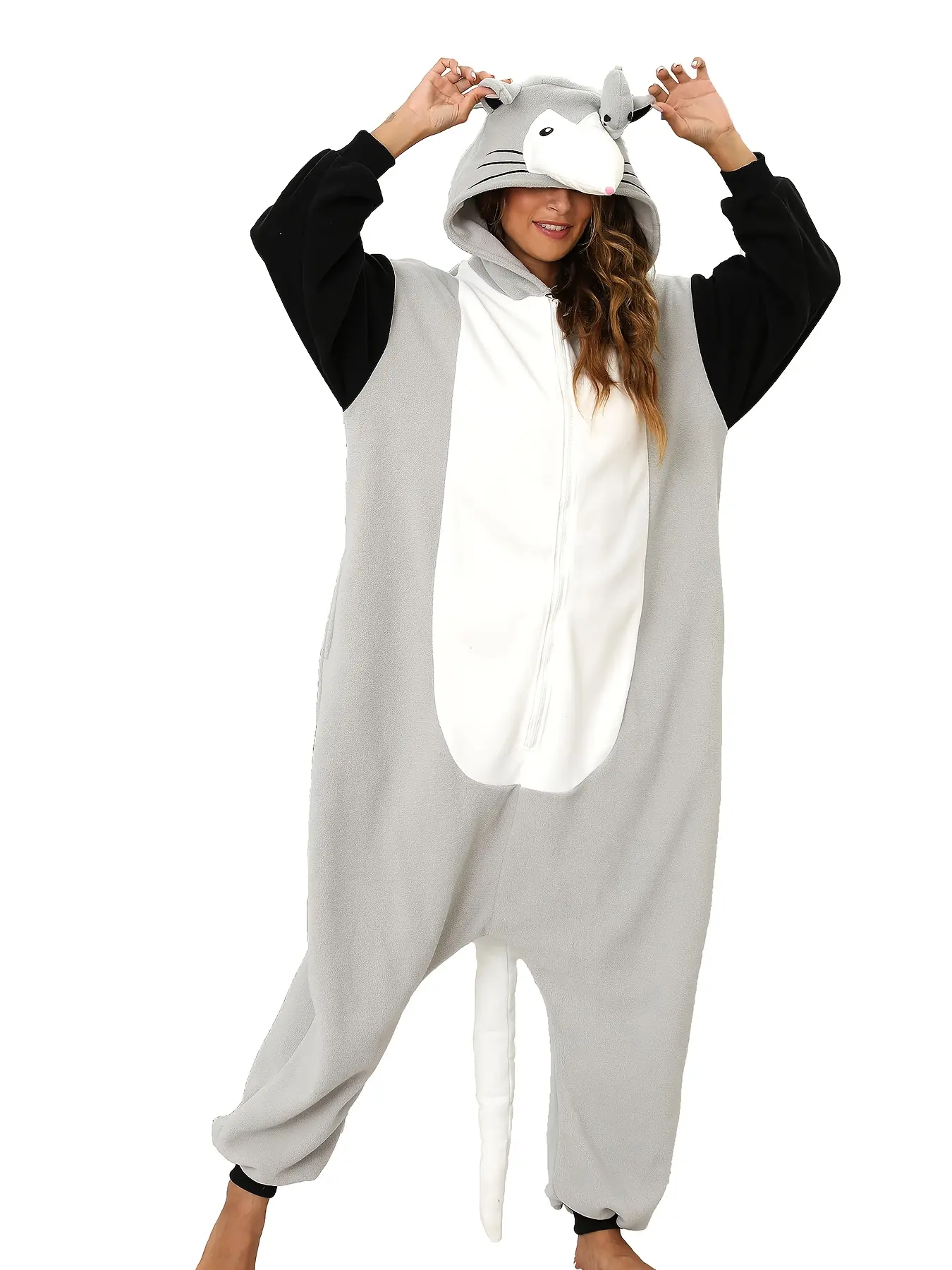 Women's Baggy Oversize Opossum Onesie, Polar Fleece Animal Cosplay Costume with Zipper for Halloween Parties, Nightwear, Fit, Loose, Loungewear, Long Sleeve, Comfortable Dress Pajama, Animals, Holiday, Drop Shoulder