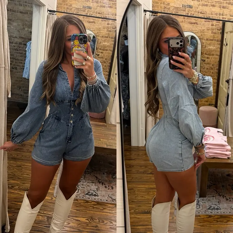 Denim Romper with Bubble Sleeves, Button-Down Front, Relaxed Fit, Comfortable Western-Inspired Look for Women's Romper- Womenswear Overalls - Western-Wear - Country Concert Outfit Inspiration