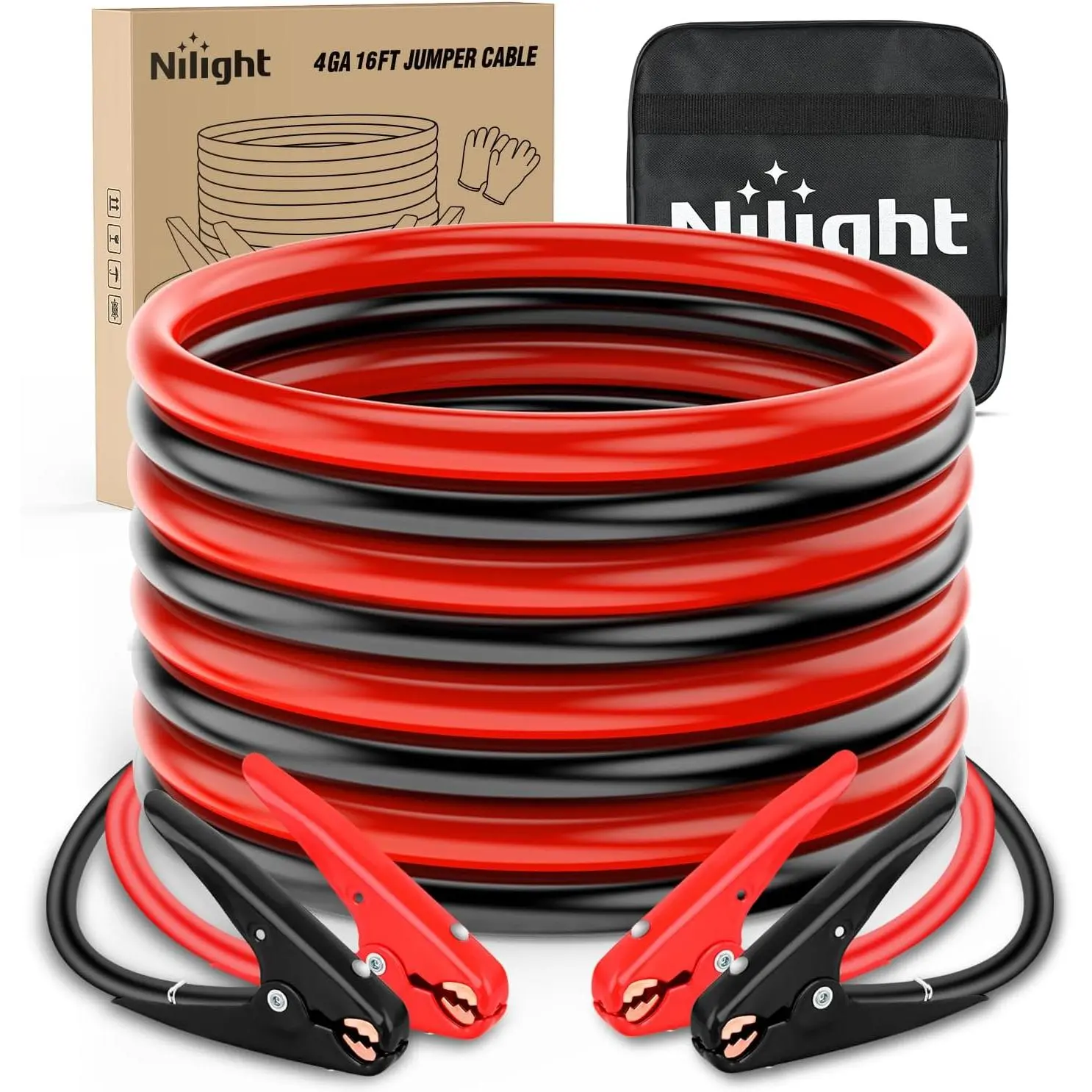 Nilight Heavy-Duty Car Battery Jumper Cables - 4-Gauge, 20-FT Tangle-Free High-Temp Resistant PVC Booster Cables with Clamps, 600A Peak CCA, Storage Bag, Gloves, Emergency Start Kit for Pickup Trucks, SUVs