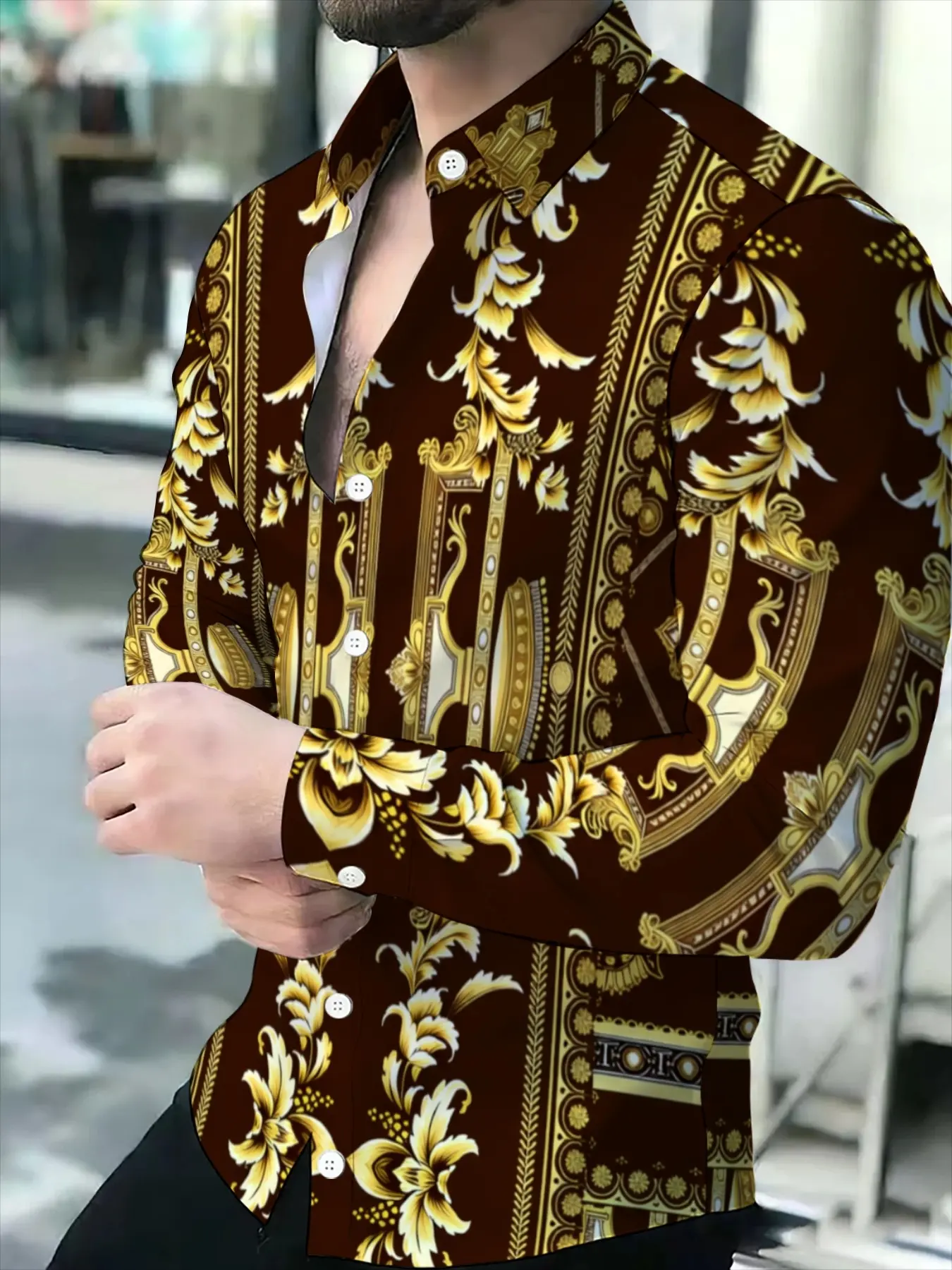 Men's Long Sleeve Shirt dark brown golden baroque print Novelty Pattern Aesthetic Casual Party Shirt Menswear