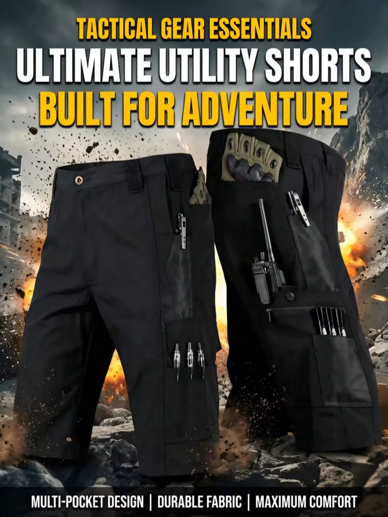 Men’s high-capacity tactical functional shorts with multiple compartments, abrasion-resistant, multi tool pockets—ideal for outdoor adventures and workwear.