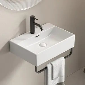 【SAVEYOUR】 White Vessel Sink, 20.08"W x 14.18"D x 5.12"H, Wall-Mounted with Towel Rack, Stain-Resistant Ceramic, Contemporary Design for Small Bathrooms