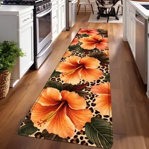 1PC，Orange-red flowers with leopard print backgroundPatterned strip rugs, Decorative Area Rug, used for everyday or festive decorations, entryway mats, RV mats, bathroom non-slip mats, bedroom bedside mats, and kitchen mats.