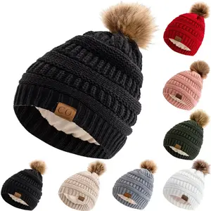 New Anti-Static Beanie Hat Satin Lined Faux Fur Pom Pom Beanies Hat For Woman Winter Warm Knit Hats
