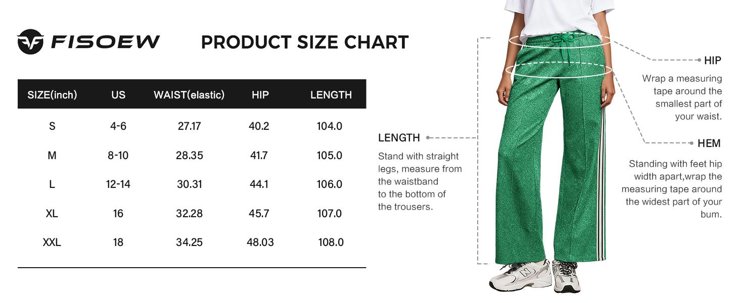 FISOEW Sports  2026 Summer Spring Women's Glitter Wide-Leg Sweatpants Elastic Waist Drawstring Pants with Contrast Stripes & Side Pockets Casual Retro Track Pants dark green black  long  pants, Womenswear Athletic