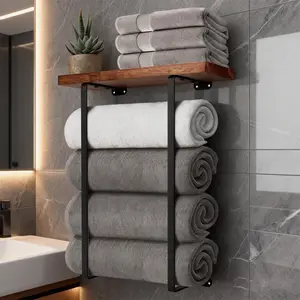 Bathroom Towel Rack with Wooden Shelf, Minimalist Design, Storage Organizer for Large & Small Towels, Bathroom Accessories Organizer, Ideal for Spa, Salon, Small Bathrooms