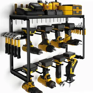 3-Tier Heavy Duty Metal Power Tool Organizer Wall Mount Storage Rack, Construction Tool Organizer with 8 Drill Holder Hooks, Rust-Resistant Garage Utility Shelf for Work Accessories, Storage Organization, Mens Gifts, Gifts for Dad