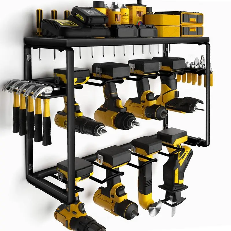 3-Tier Heavy Duty Metal Tool Storage Organizer Wall Mount Rack, Construction Organizer with 8 Drill Holder Hooks, Rust-Resistant Garage Utility Shelf for Work Accessories, Dad Father's Day Gifts, Tool Storage Organiser, Wall Mount Organizer