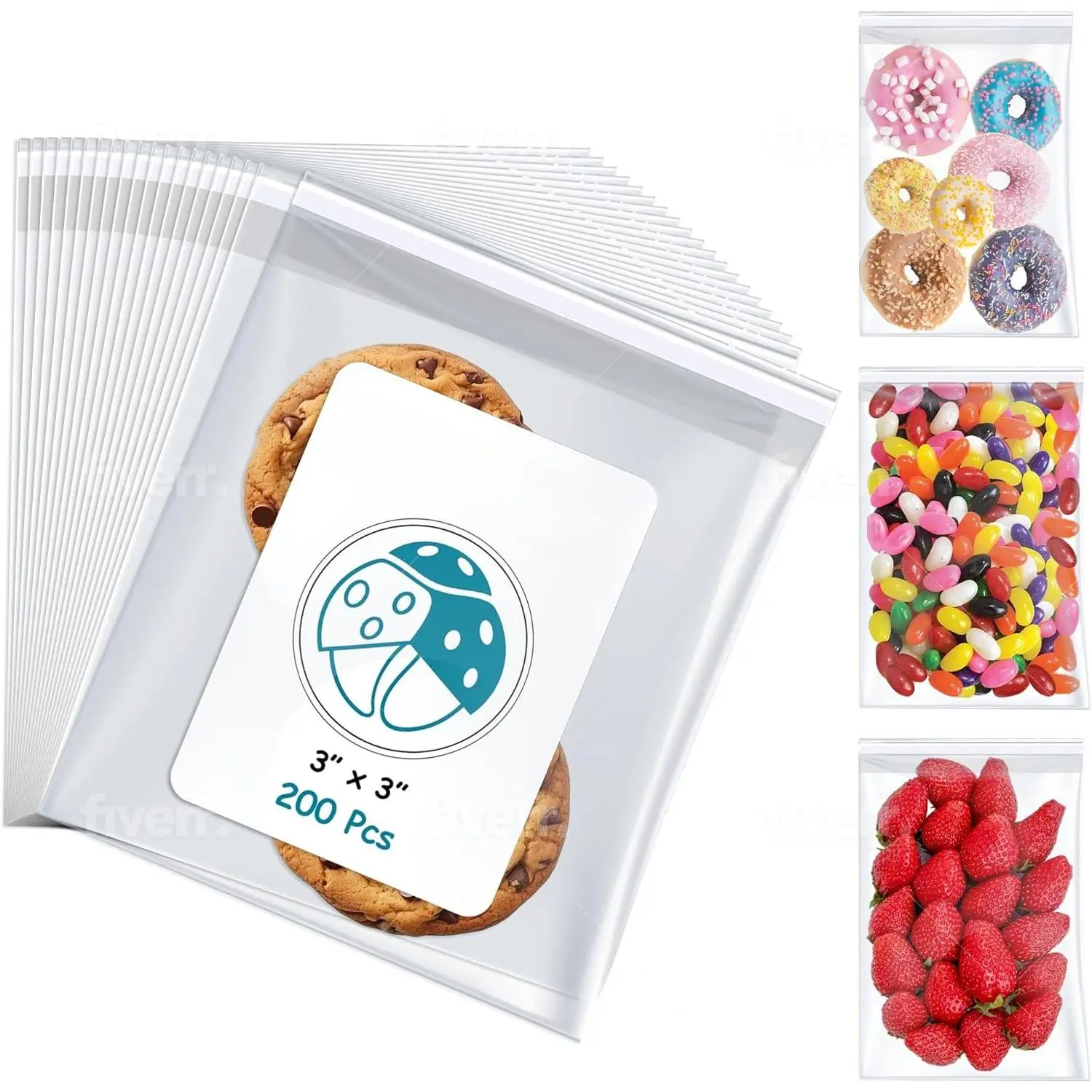 3" X 3" (200 Pack) Cellophane Bags w/Adhesive Self Adhesive, Resealable, Clear  Wrap Cellophane Bags Cookies, , Sweets, Candy, Bakery, Art Prints, Photos, Envelopes
