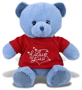 DOLLIBU 8" Baby Blue Stuffed Bear - 5.5lx5wx8h inches Super-Soft Polyester Plush Toy, Red Shirt with "I Love You" Embroidery, Romantic Gifts for Adults, Birthday & Valentine's Day Bedroom Accessory