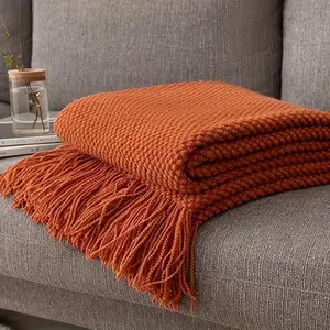 Lightweight Knitted Throw Blanket with Long Fringes, Soft Bubble Texture Blanket for Bed, Sofa, and Outdoor Picnic, All-Season Use