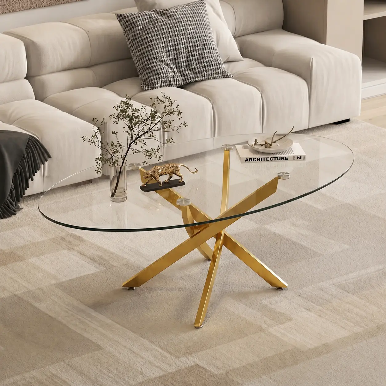 Modern Glass Stainless Steel Coffee Table,Oval Modern Living Room Center Table,Coffee Table Center Table with Tempered Glass Top and Gold Mirror Finish Stainless Steel Base for Living Room