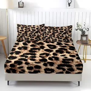 3 Pcs Retro Brown-Black Leopard Print Fitted Sheet Set, 1 Fitted Sheet & 2 Pillowcases (no filler), Retro Leopard Pattern, Fits Bedroom/Homestay/Dorm Decor, Ideal for Retro Style Fans/Students/Families/Holiday Gifters, Bedsheet Sets