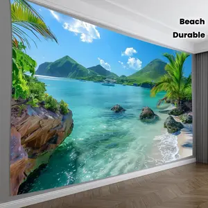 1pc Tropical Beach Scene Wall Tapestry - Vibrant Polyester Home Decor Featuring Palm Trees, Clear Blue Water, and Mountainous Landscape for Living Room, Office, or Party Decor, Bedroom Wall Art |     Serene Landscape |     Durable Wall Fabric, beach acces