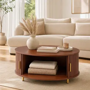【Deals for You Days】DHH 31.5" Round Flat-Top Coffee Table - Mid-Century Modern Fluted Living Room Center Piece with Hidden Storage, Tambour Sliding Doors, Metal Legs (Circle Coffee Tables Collection)（Walnut）