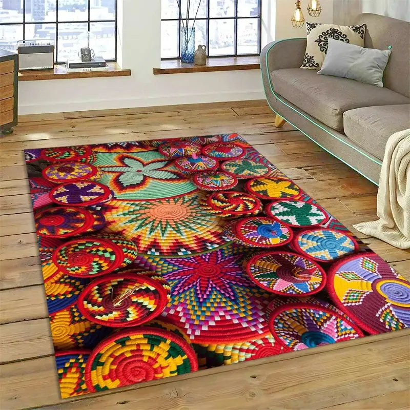 Colorful Crochet Mandala Flannel Area Rug - Boho Ethnic Woven Pattern Print Soft Mat for Living Room, Non-Slip Bohemian Home Decor, Bohemian Style Rugs #BohoMandalaRug #ColorfulCrochetMat #EthnicHomeDecor #2DWovenCarpet #NonSlipFlannelRug