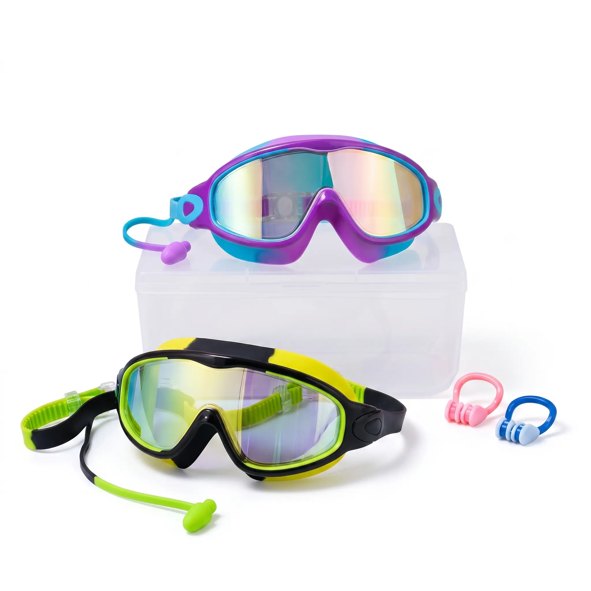 Kids Swim Goggles 2-Pack  for Boys & Girls Ages 3-16,  Glasses with Built-In Anti-Lost Earplugs, Leak-Proof Silicone Frame,  No-Pull Strap for Summer Pool Use anti-fog uv anti-uv swimming wide view adjustable waterproof water outdoor vision youth