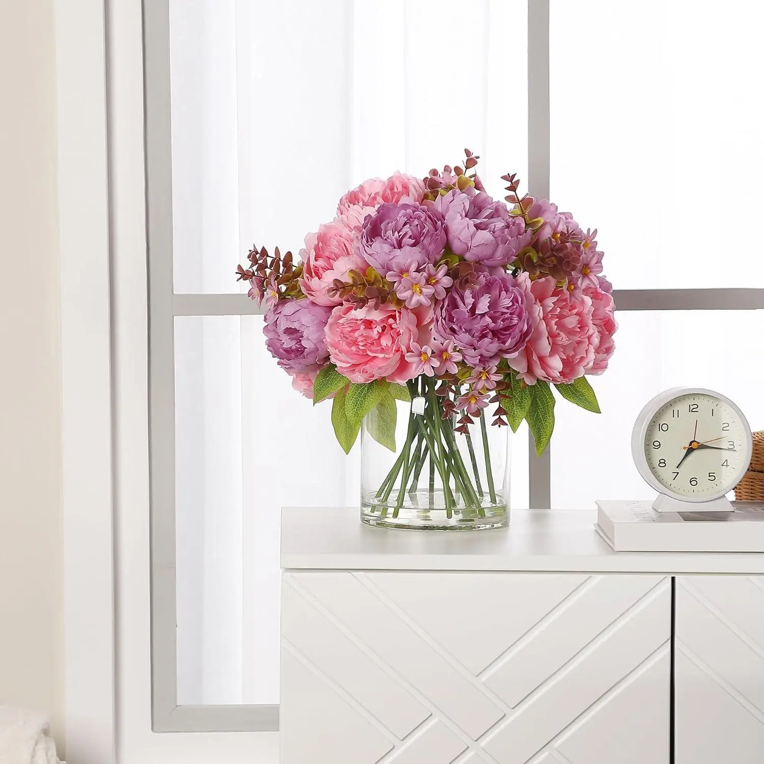 Gaomon 17-Piece 3D-Printed Lifelike Silk Peony Bouquet Artificial Flowers, Real-Touch Floral Arrangement in Glass Vase with Faux Water, Wedding Table Centerpieces for Home Decor, 3D Printed Artificial Flowers, Artificial Floral Arrangement Artificial Flow